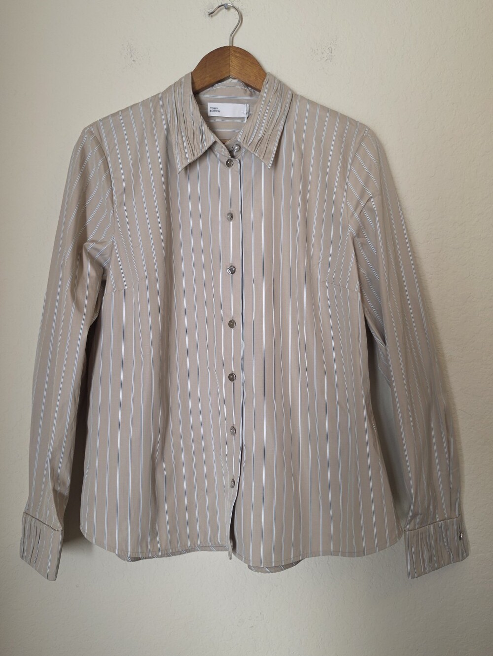 NWT Tory Burch Button Down Shirt Womens Sz 10 Beige Green Striped Pleated Collar